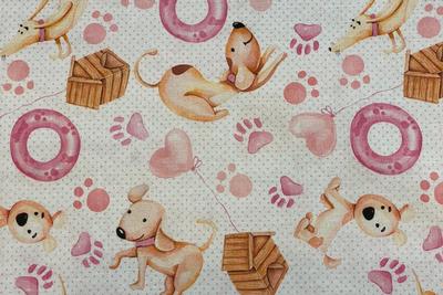 Cotonet - Tessuto sfondo bianco impronte rosa e cagnolini